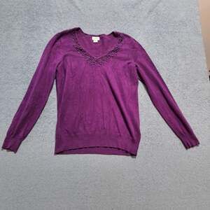 Jaclyn Smith Purple Long-sleeve Beaded V-neck Sweater Womens Size Small